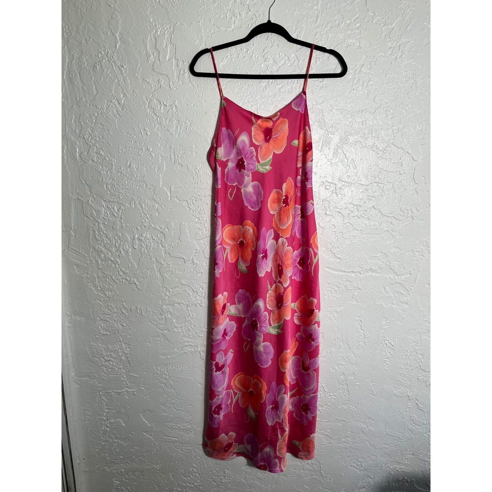 Natori Pink Floral Midi Slip Dress Tropical Hibiscus Print Sleeveless Small